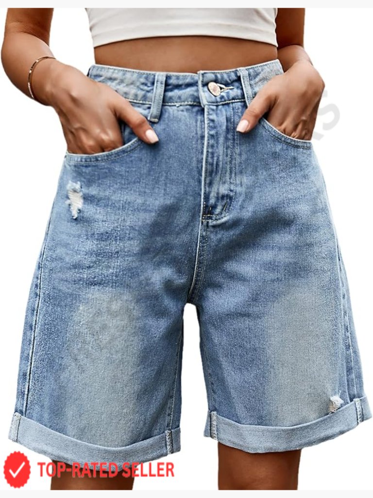 High Waist Ripped Denim Shorts Long Length Raw Hem Summer Trendy Y2k Casual